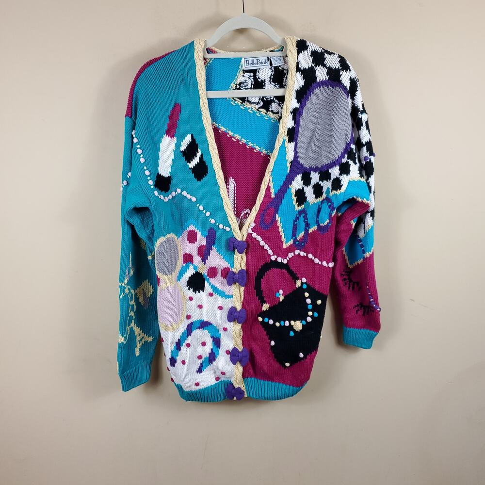 Vintage Slouchy Cardigan Gloves Mirror Purse Bow Buttons Size M